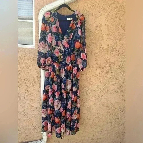 Eliza J Floral-Print Faux-Wrap Maxi Dress Chiffon V-Neck  Women’s Size 2 - Picture 1 of 12